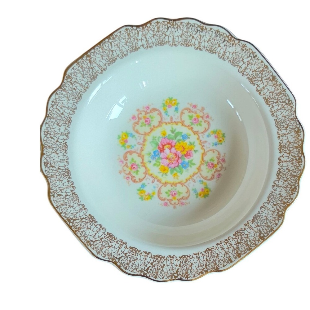 Vintage W.S. George Lido White Soup Bowl Gold Filigree Floral Medallion 154 A